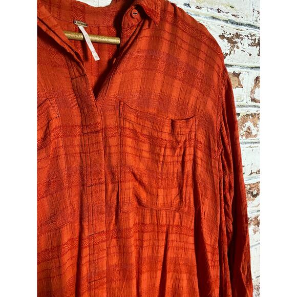 Free People Flowy Oversized Cotton Blend Plaid Button Down Blouse - Picture 5 of 9